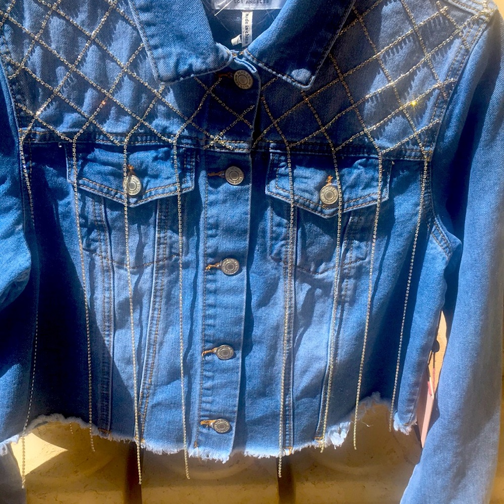 Women’s denim jacket rhinestone tassels NWT